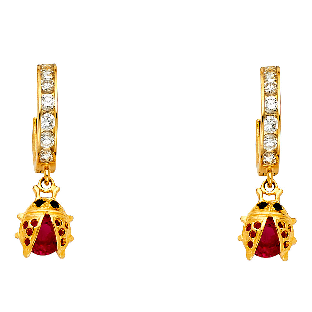 14K Yellow Gold CZ Ladybug Dangle Earrings 1" tall