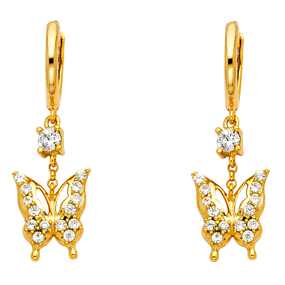 14K Yellow Gold CZ Butterfly Dangle Earrings 1 1/2" tall