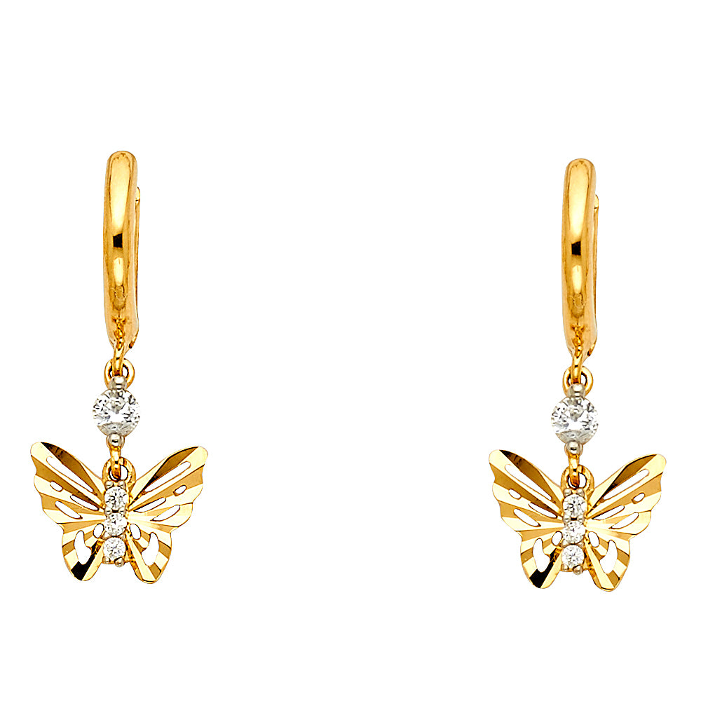 14K Yellow Gold CZ Butterfly Dangle Earrings 1" tall