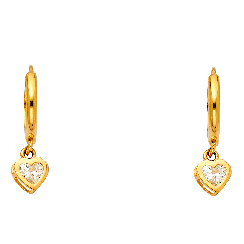 14K Yellow Gold CZ Heart Dangle Earrings 1" tall