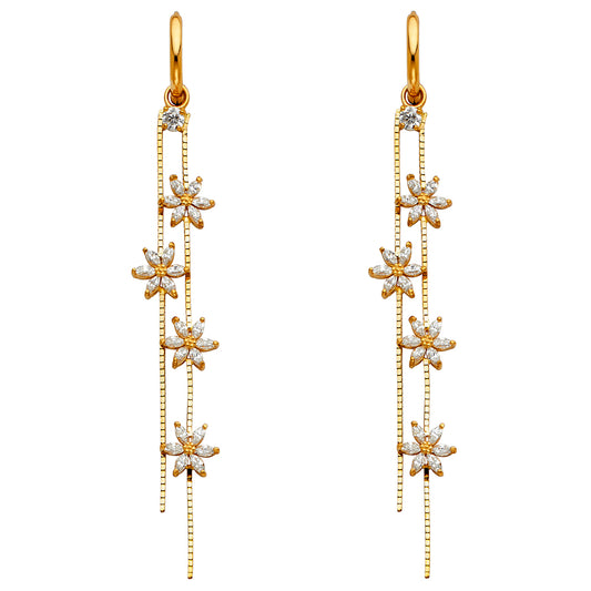 14K Yellow Gold Fancy Muli-Flower Dangle CZ Earrings