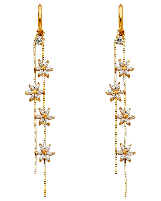 14K Yellow Gold Fancy Muli-Flower Dangle CZ Earrings