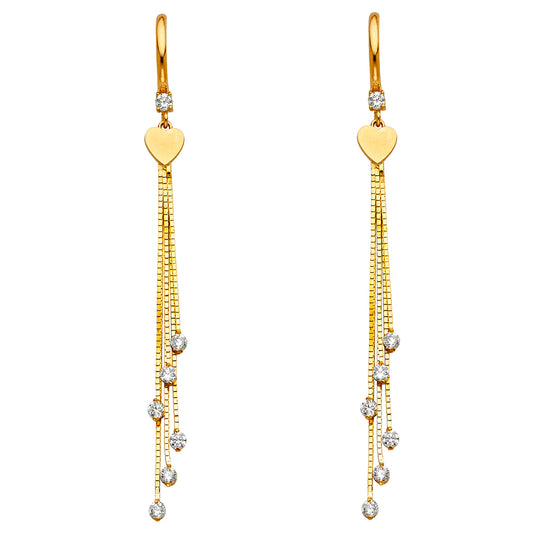14K Yellow Gold Multiple Strand Heart Dangle CZ Earrings
