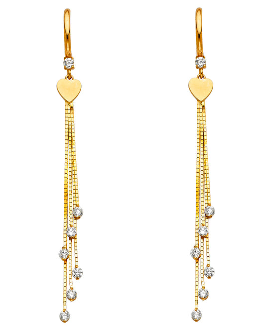 14K Yellow Gold Multiple Strand Heart Dangle CZ Earrings