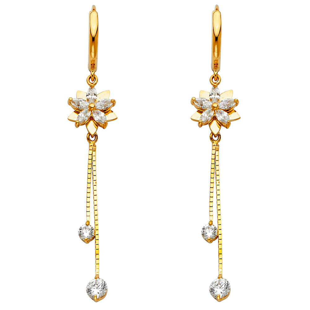 14K Yellow Gold Double Strand CZ Butterfly  Dangle Earrings