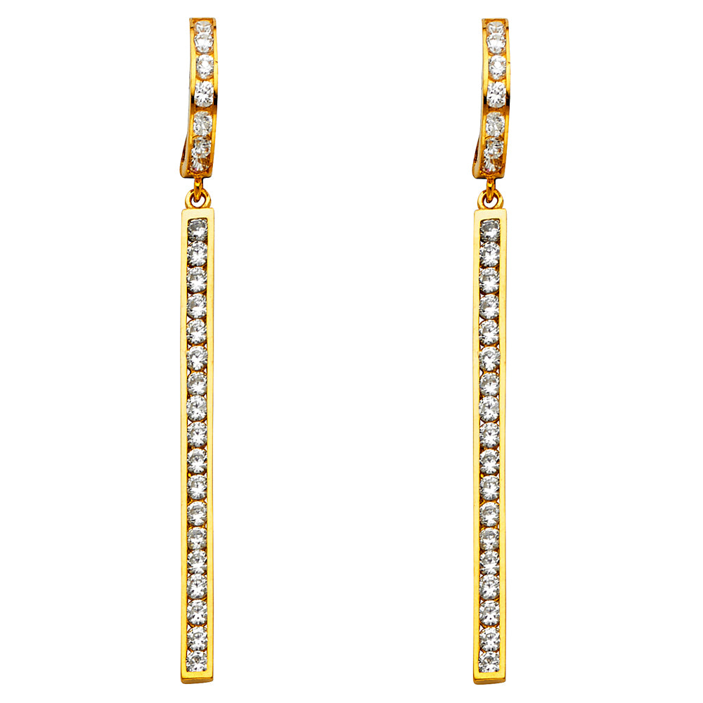 14K Yellow Gold Long Bar Dangle CZ Earrings