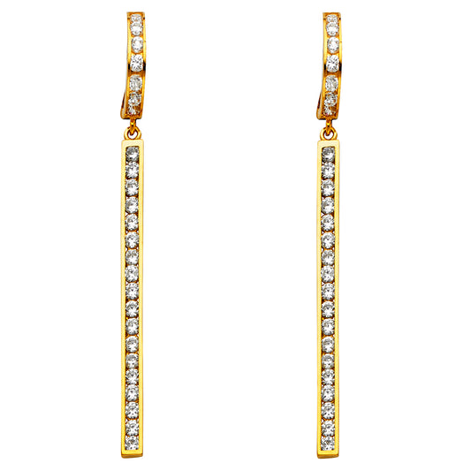 14K Yellow Gold Long Bar Dangle CZ Earrings