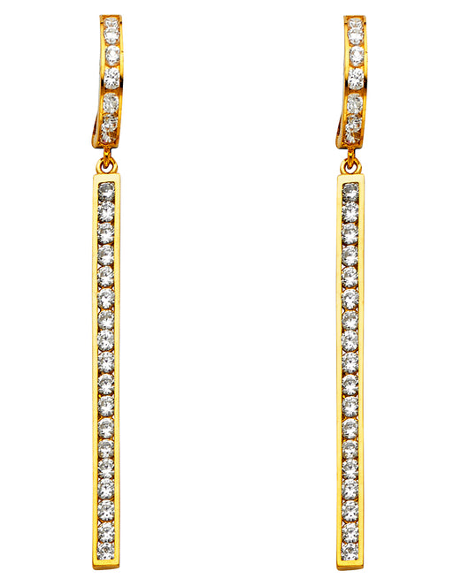 14K Yellow Gold Long Bar Dangle CZ Earrings
