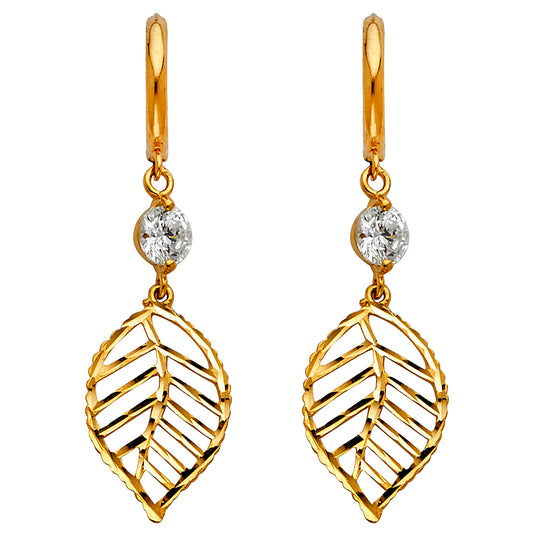 14K Yellow Gold Leaf Filigree Dangle CZ Earrings