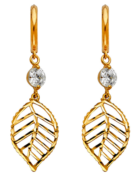14K Yellow Gold Leaf Filigree Dangle CZ Earrings