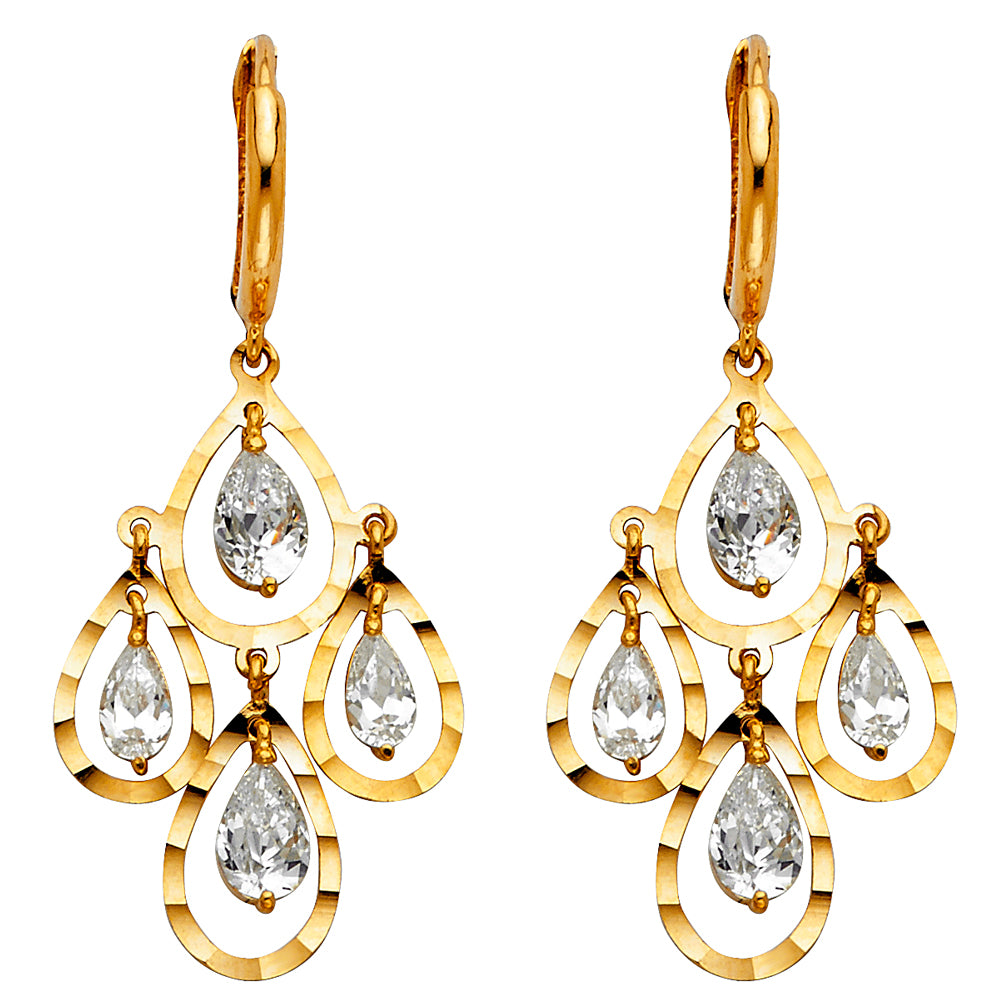 14K Yellow Gold Teardrop Chandelier Style Dangle CZ Earrings