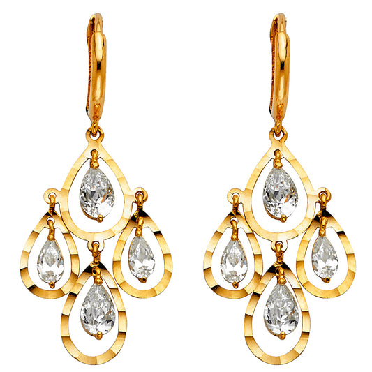 14K Yellow Gold Teardrop Chandelier Style Dangle CZ Earrings
