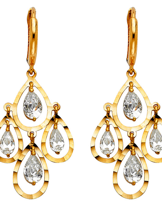 14K Yellow Gold Teardrop Chandelier Style Dangle CZ Earrings
