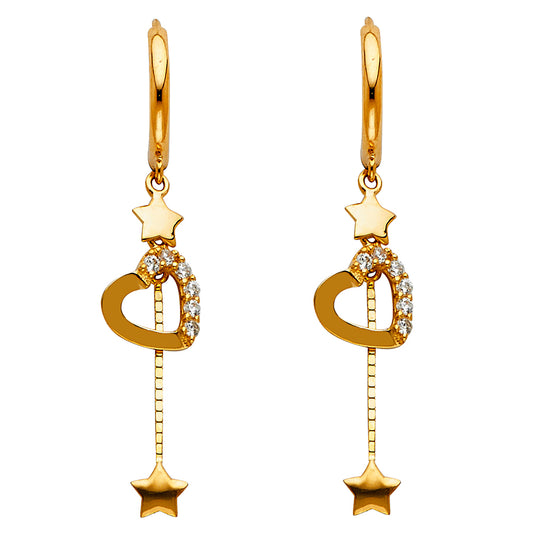 14K Yellow Gold Heart & Star Dangle CZ Earrings