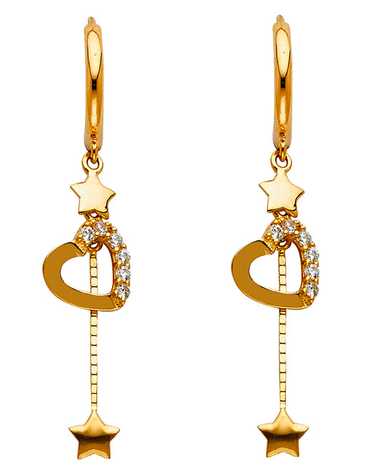 14K Yellow Gold Heart & Star Dangle CZ Earrings