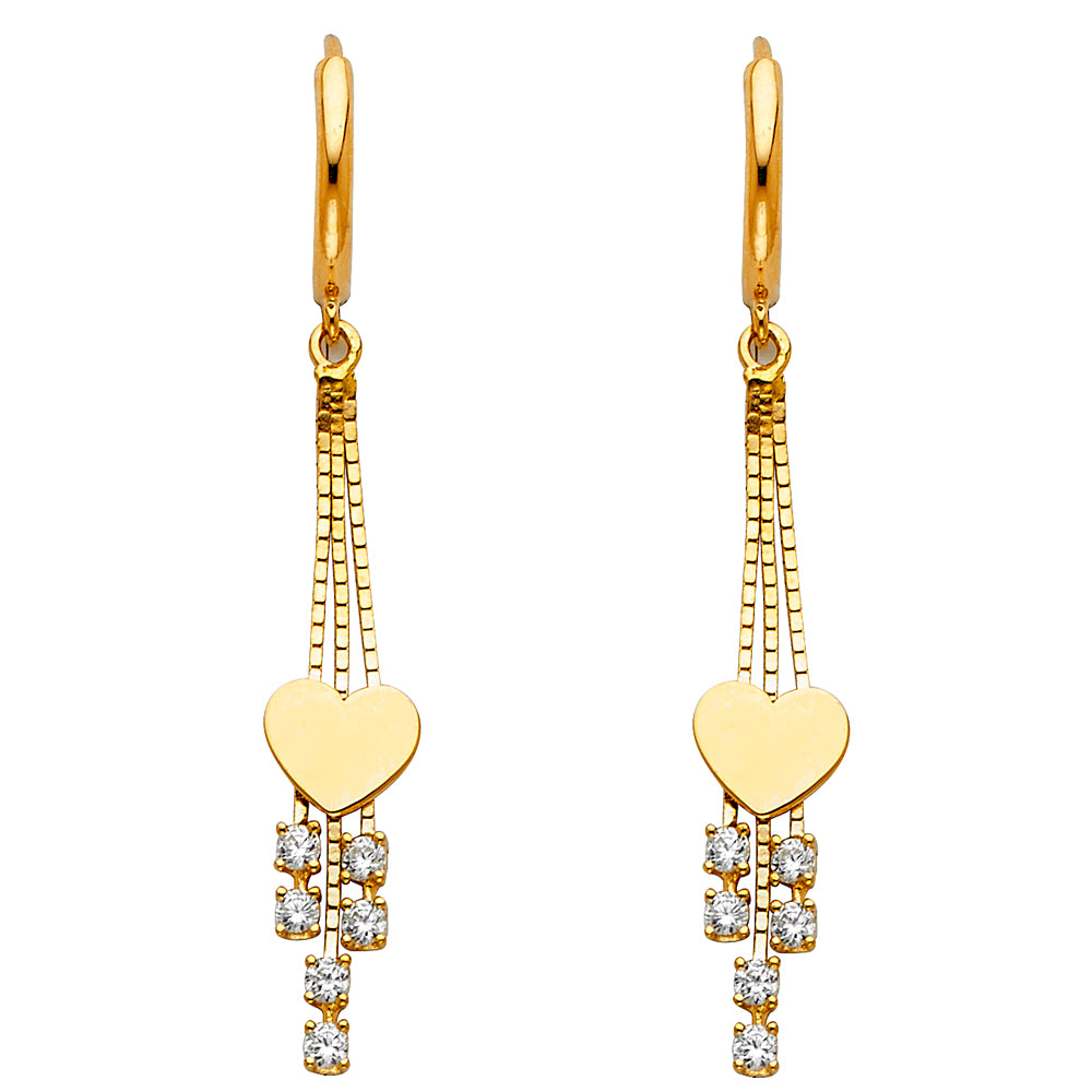 14K Yellow Gold Heart Dangle CZ Earrings