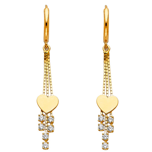 14K Yellow Gold Heart Dangle CZ Earrings