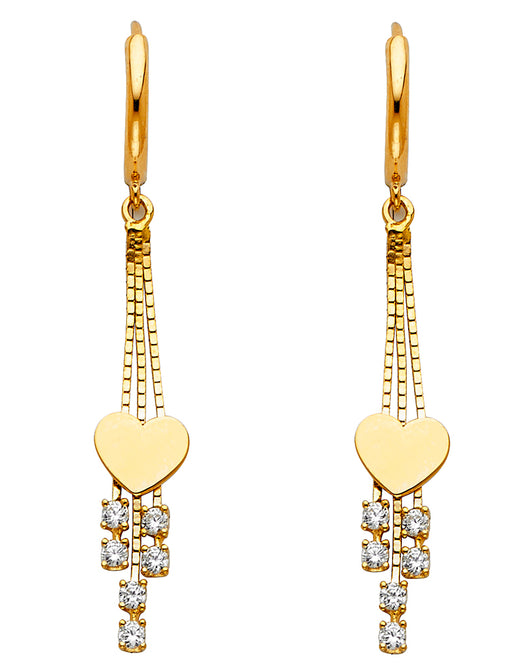 14K Yellow Gold Heart Dangle CZ Earrings