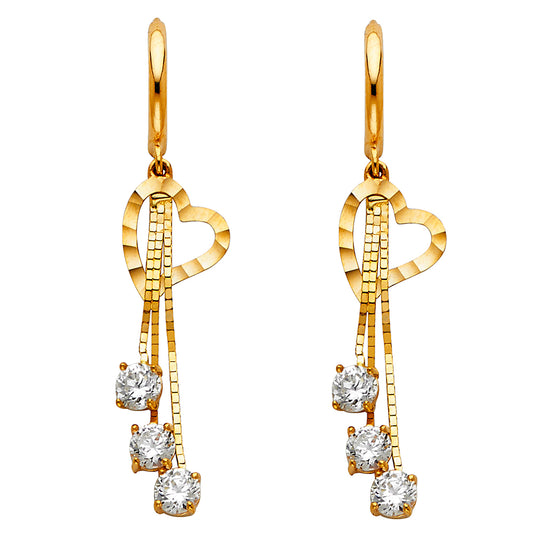 14K Yellow Gold Heart Dangle CZ Earrings
