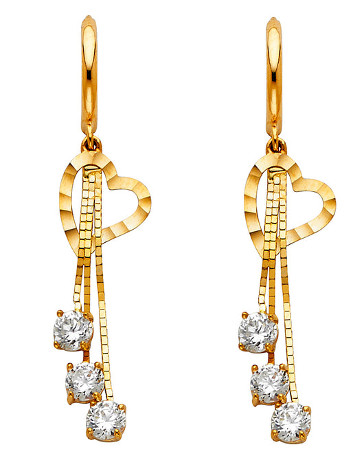 14K Yellow Gold Heart Dangle CZ Earrings
