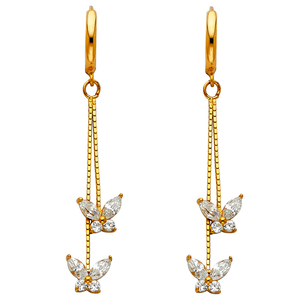 14K Yellow Gold Butterfly Dangle CZ Earrings