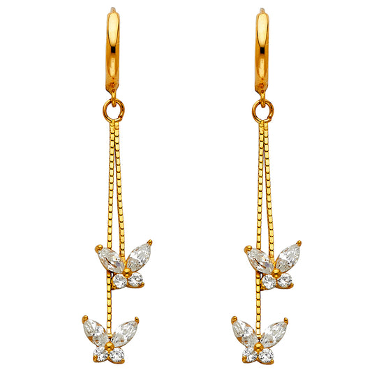 14K Yellow Gold Butterfly Dangle CZ Earrings