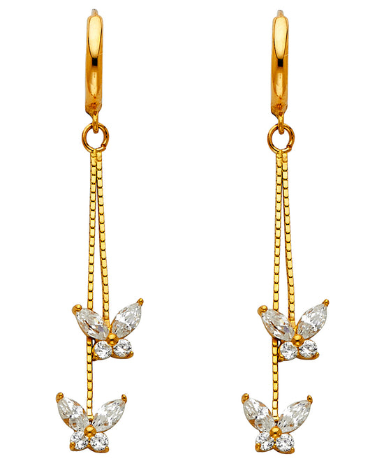 14K Yellow Gold Butterfly Dangle CZ Earrings