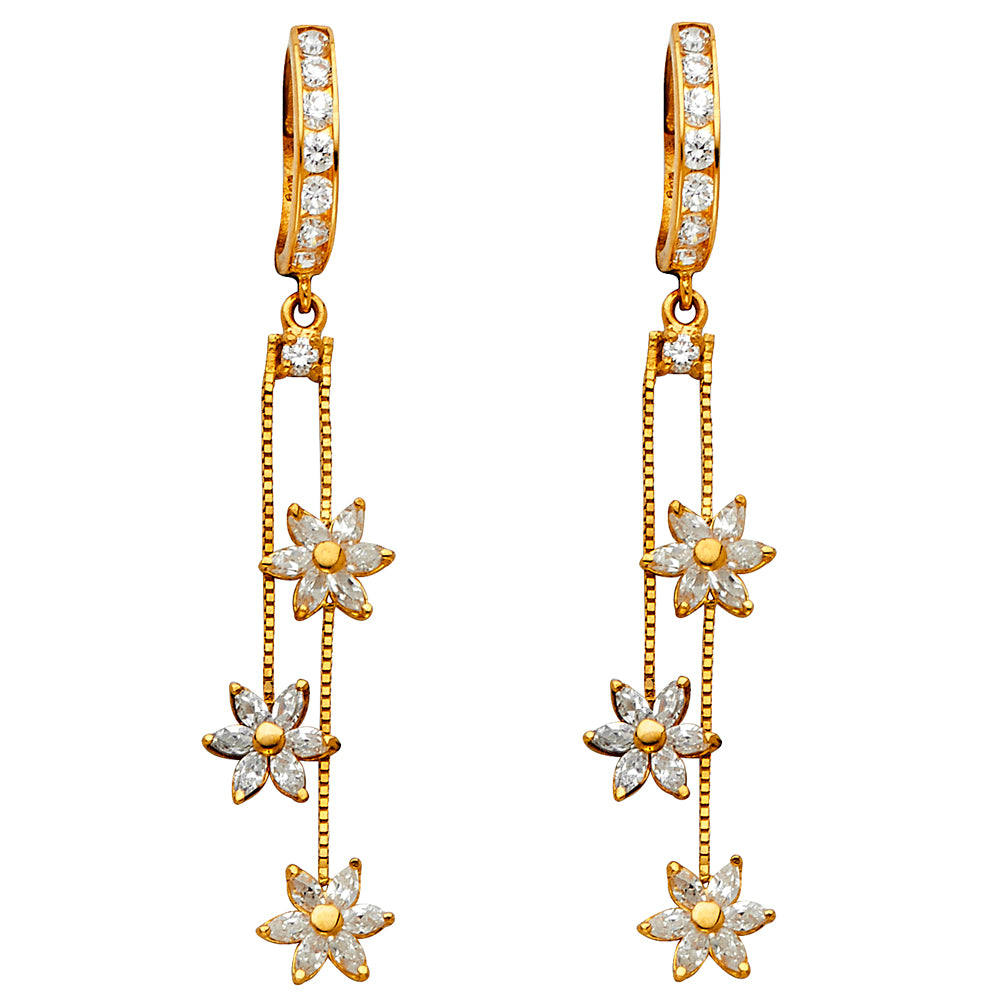 14K Yellow Gold Triple Flower Dangle CZ Earrings