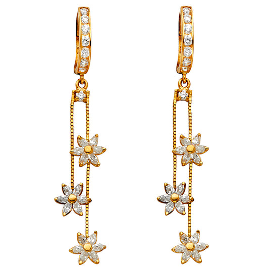 14K Yellow Gold Triple Flower Dangle CZ Earrings