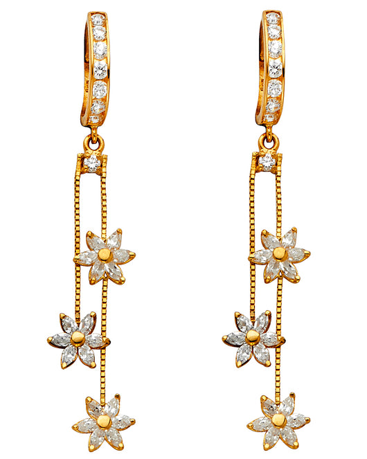 14K Yellow Gold Triple Flower Dangle CZ Earrings