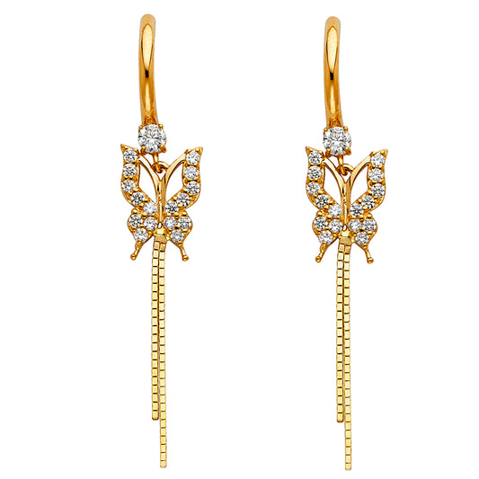 14K Yellow Gold Butterfly Dangle CZ Earrings