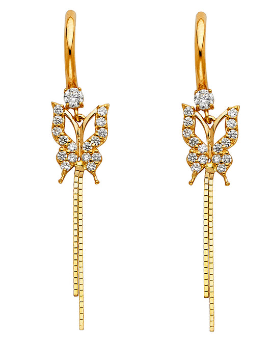 14K Yellow Gold Butterfly Dangle CZ Earrings