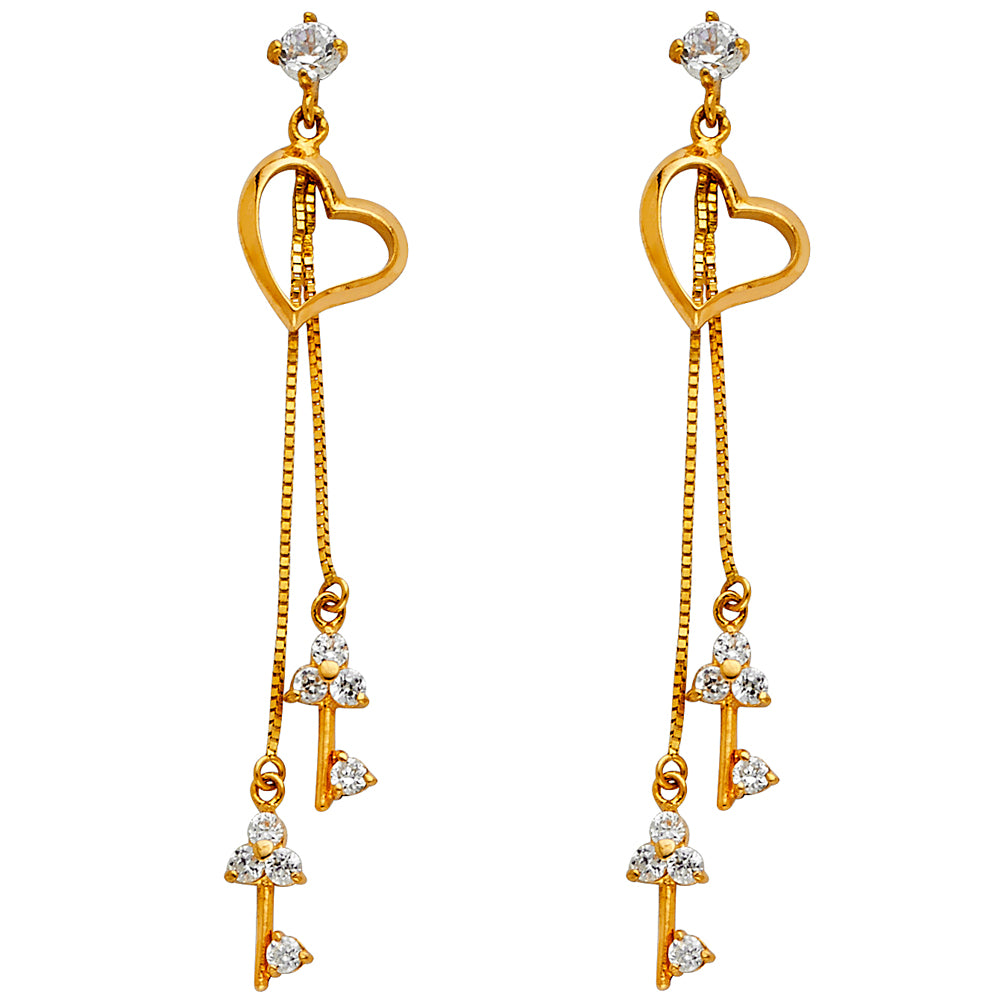 14K Yellow Gold Heart Dangle CZ Earrings