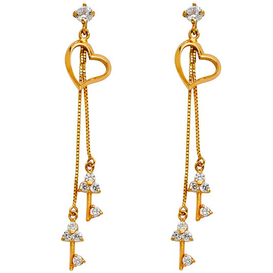 14K Yellow Gold Heart Dangle CZ Earrings
