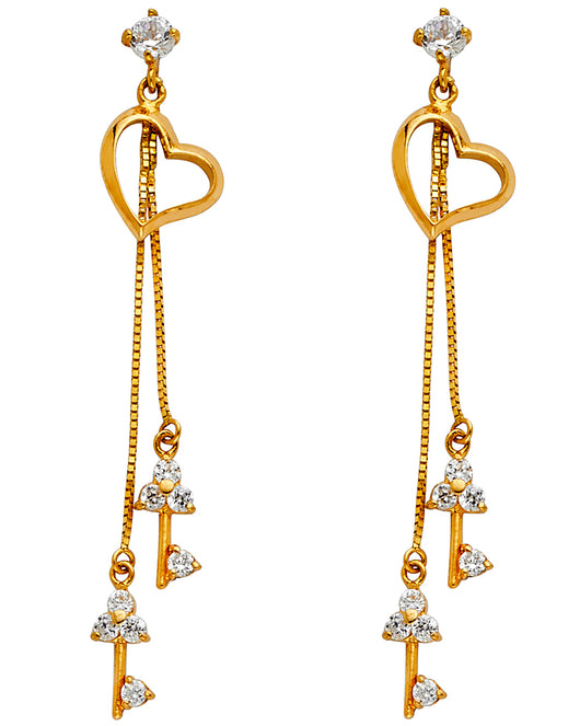 14K Yellow Gold Heart Dangle CZ Earrings