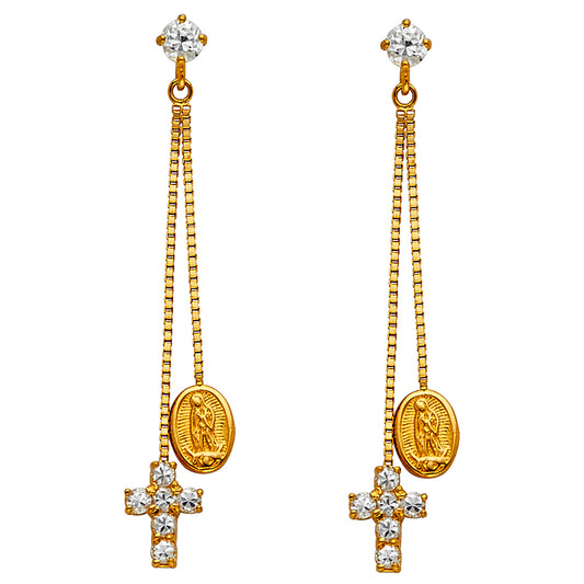 14K Yellow Gold Guadalupe & Cross Dangle CZ Earrings