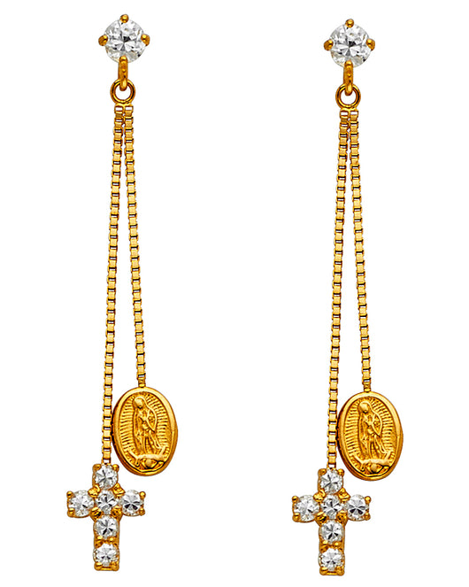 14K Yellow Gold Guadalupe & Cross Dangle CZ Earrings