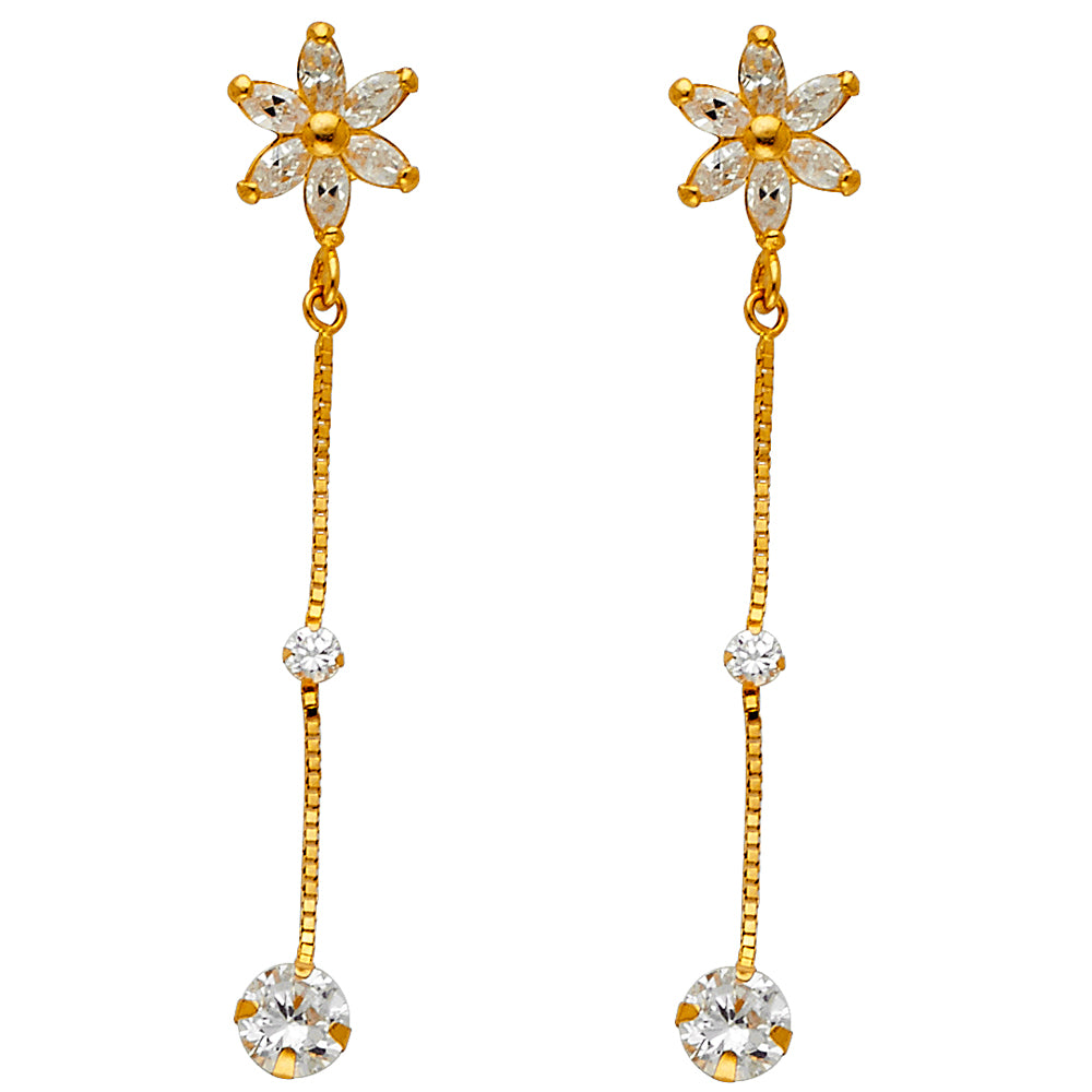 14K Yellow Gold Fancy CZ Flower Dangle Earrings