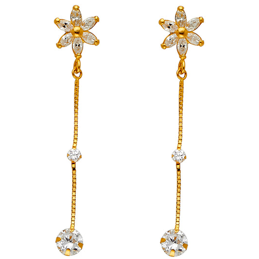 14K Yellow Gold Fancy CZ Flower Dangle Earrings