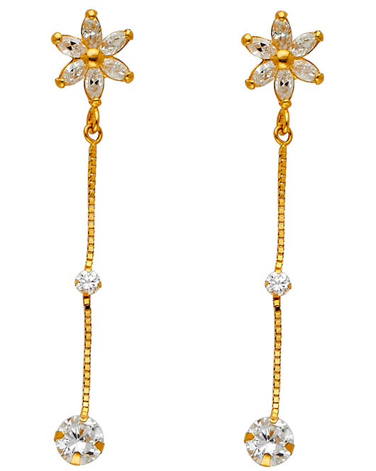 14K Yellow Gold Fancy CZ Flower Dangle Earrings