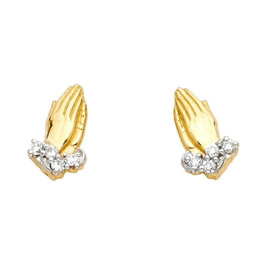 14K Gold Praying Hands Stud Earrings with CZ Accents