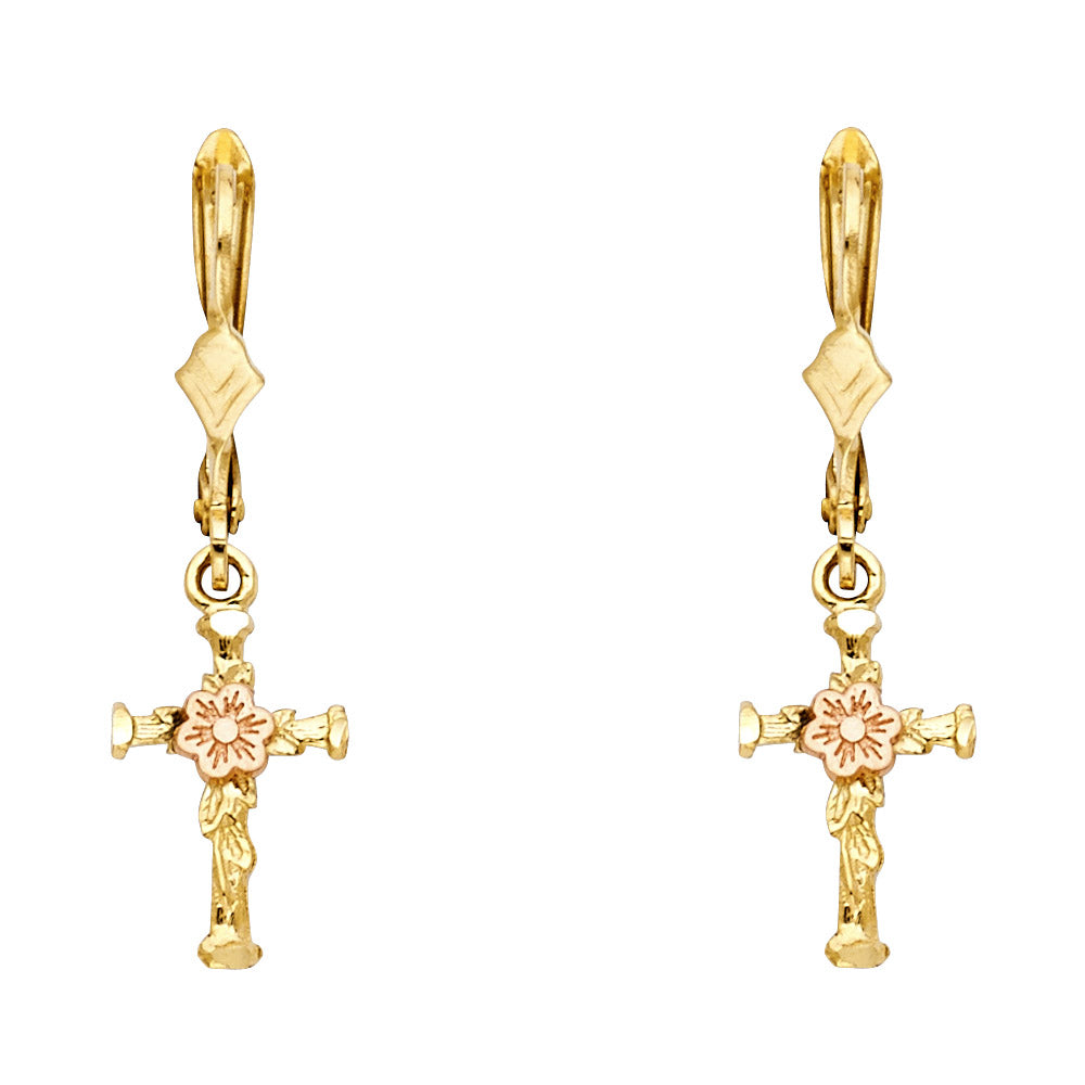 14K Gold Floral Cross Dangle Earrings
