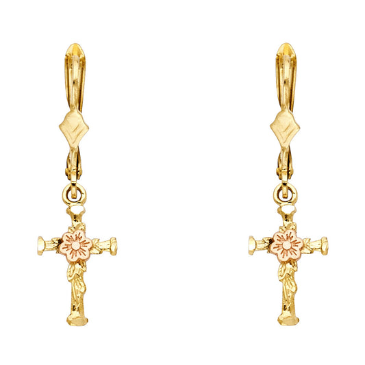 14K Gold Floral Cross Dangle Earrings
