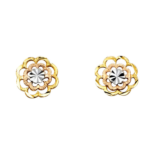 14K Tri-Color Gold Floral Stud Earrings
