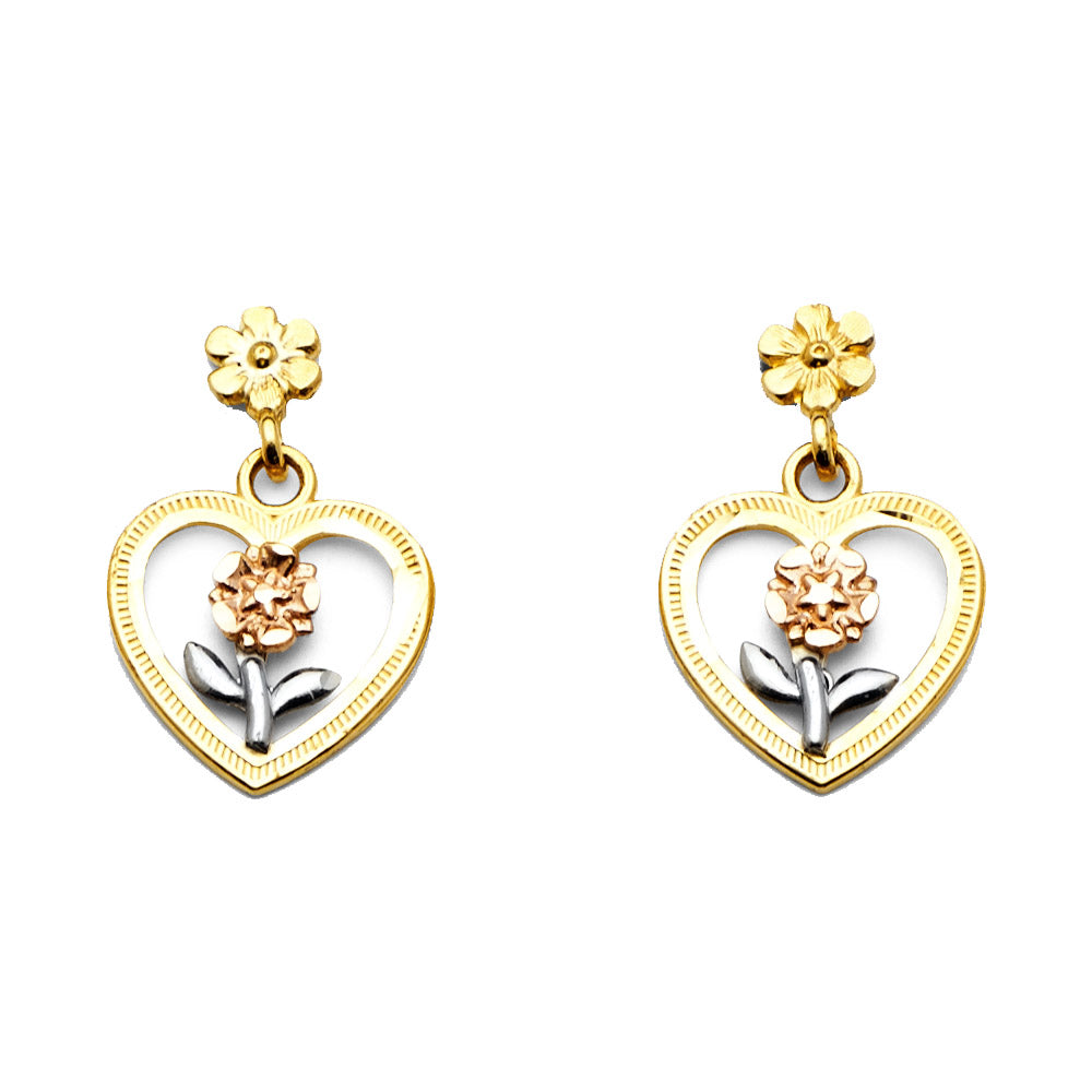 14K Tri-Color Gold Heart & Flower Dangle Earrings