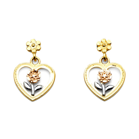 14K Tri-Color Gold Heart & Flower Dangle Earrings