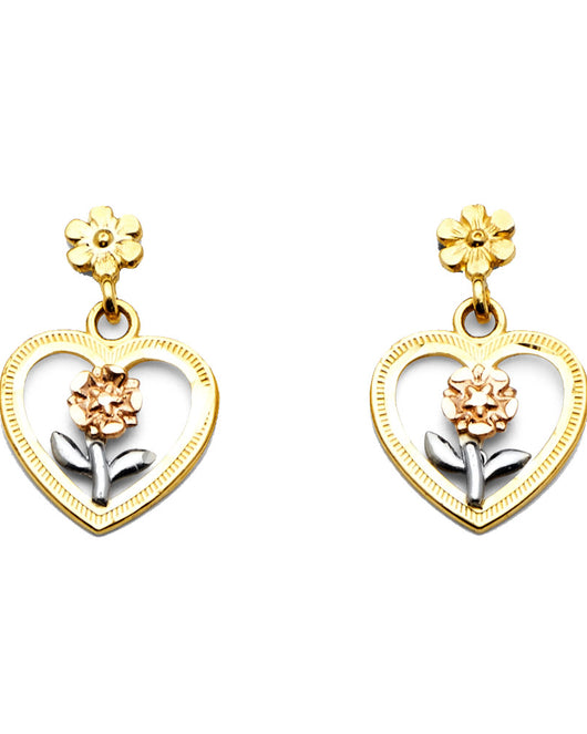 14K Tri-Color Gold Heart & Flower Dangle Earrings