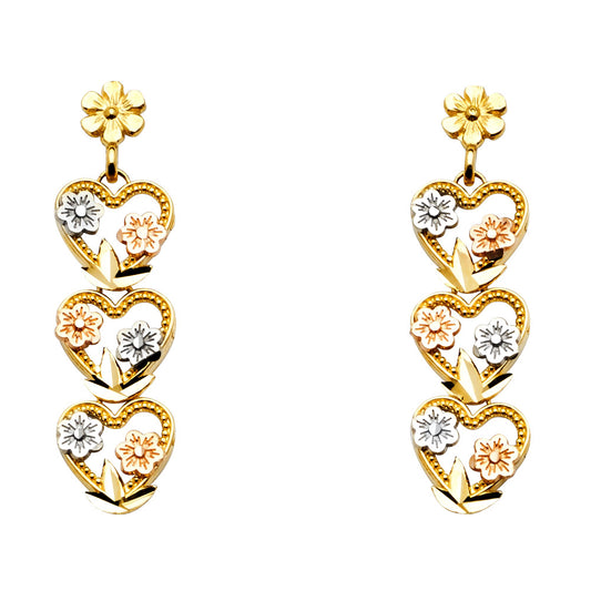 14K Tri-Color Gold Triple Heart & Flower Dangle Earrings