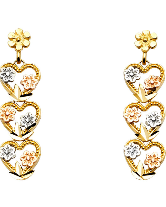14K Tri-Color Gold Triple Heart & Flower Dangle Earrings