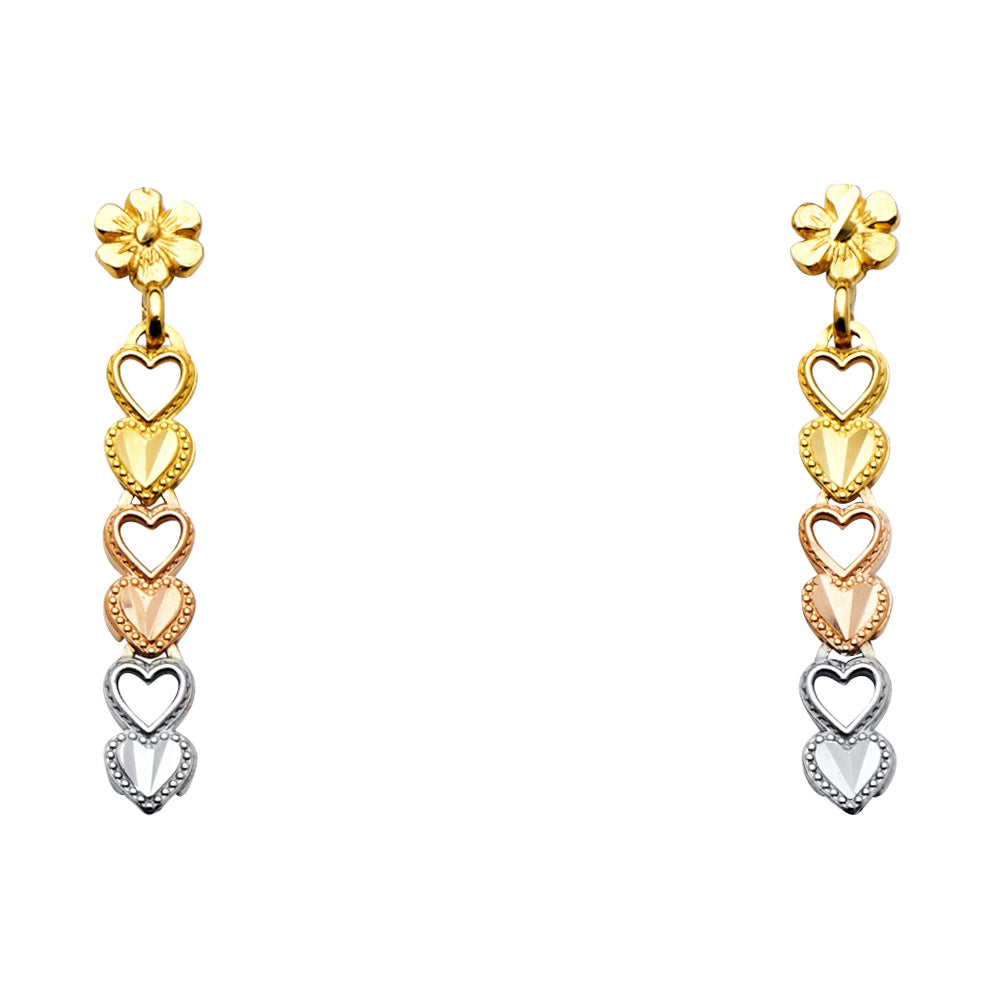 14K Tri-Color Gold Mulit-Heart Dangle Earrings